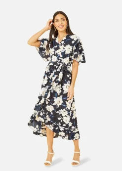 Mela Navy Floral Dip Hem Wrap Midi Dress