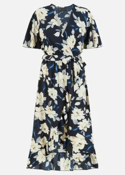 Mela Navy Floral Dip Hem Wrap Midi Dress