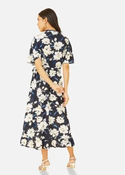 Mela Navy Floral Dip Hem Wrap Midi Dress