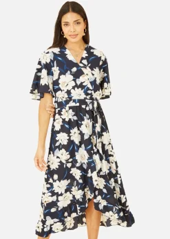 Mela Navy Floral Dip Hem Wrap Midi Dress