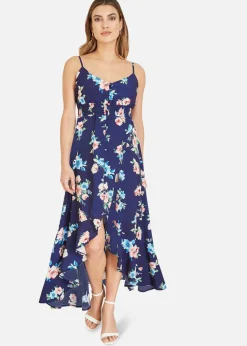 Mela Navy Floral High Low Frill Midi Dress