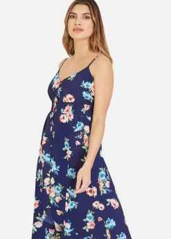 Mela Navy Floral High Low Frill Midi Dress