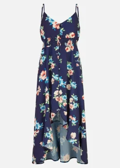 Mela Navy Floral High Low Frill Midi Dress