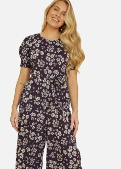 Mela Navy Floral Jumpsuit With Ruched Sleeves