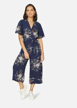 Mela Navy Floral Print Jumpsuit With Angel Sleeves
