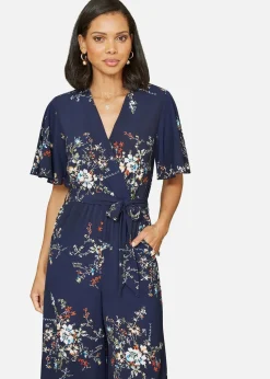 Mela Navy Floral Print Jumpsuit With Angel Sleeves