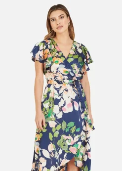 Mela Navy Floral Satin Wrap Over Dress With Frill Sleeve