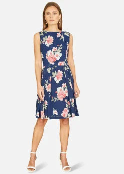 Mela Navy Floral Skater Dress With Scoop Back