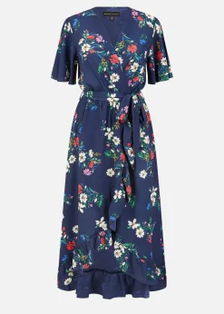 Mela Navy Floral Wrap Dress With Frill Hem
