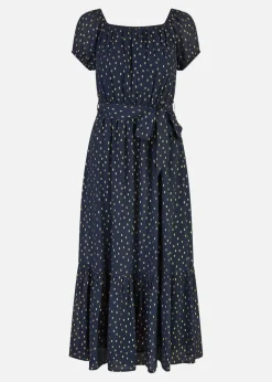Mela Navy Foil Print Bardot Midi Dress