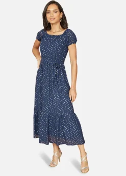 Mela Navy Foil Print Bardot Midi Dress