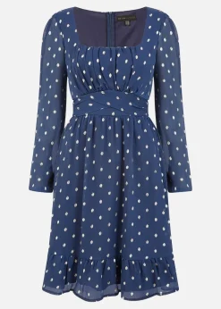 Mela Navy Foil Print Long Sleeve Skater Dress With Wrap Tie Waist