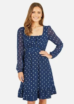 Mela Navy Foil Print Long Sleeve Skater Dress With Wrap Tie Waist