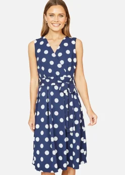 Mela Navy Spot Print Wrap Over Skater Dress