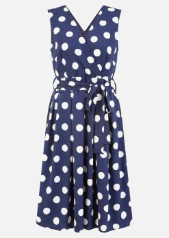 Mela Navy Spot Print Wrap Over Skater Dress