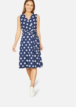 Mela Navy Spot Print Wrap Over Skater Dress