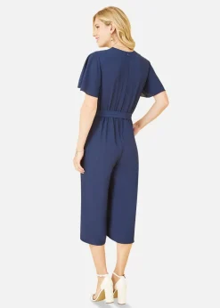 Mela Navy Wrap Over Jumpsuit With Angel Sleeves