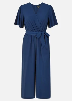 Mela Navy Wrap Over Jumpsuit With Angel Sleeves