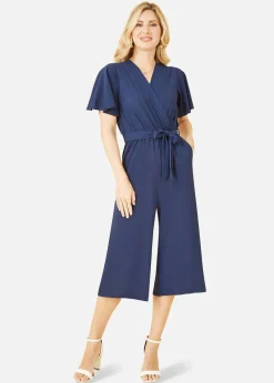 Mela Navy Wrap Over Jumpsuit With Angel Sleeves