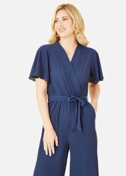 Mela Navy Wrap Over Jumpsuit With Angel Sleeves