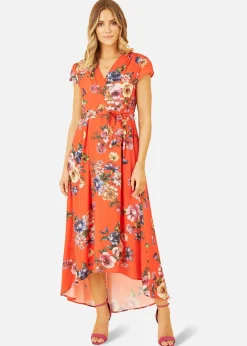 Mela Orange Floral Wrap Dip Hem Dress