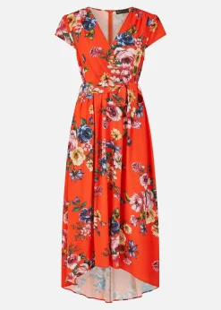 Mela Orange Floral Wrap Dip Hem Dress