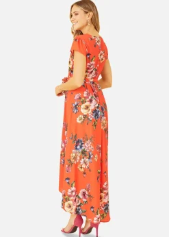 Mela Orange Floral Wrap Dip Hem Dress