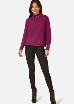 Mela Plum Pearl Detail High Neck Jumper