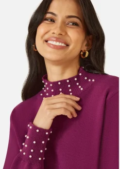Mela Plum Pearl Detail High Neck Jumper