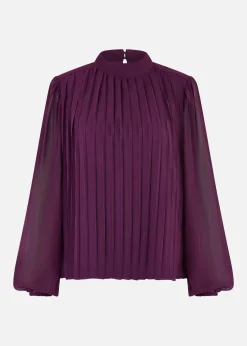 Mela Plum Pleated Long Sleeve Top With High Neck