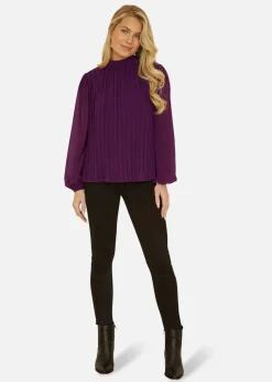 Mela Plum Pleated Long Sleeve Top With High Neck