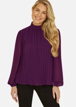 Mela Plum Pleated Long Sleeve Top With High Neck