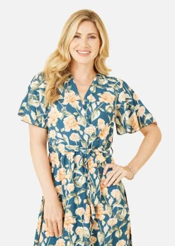 Mela Teal Floral Print Wrap Midi Dress