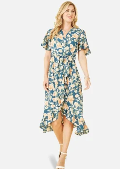 Mela Teal Floral Print Wrap Midi Dress