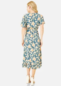 Mela Teal Floral Print Wrap Midi Dress