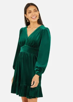 Mela Velvet Long Sleeve Skater Dress In Green