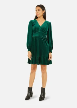 Mela Velvet Long Sleeve Skater Dress In Green