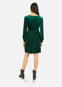 Mela Velvet Long Sleeve Skater Dress In Green