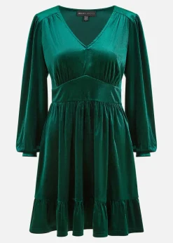 Mela Velvet Long Sleeve Skater Dress In Green