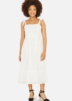 Mela White Broderie Anglaise Ruched Midi Sundress With Tie Sleeves