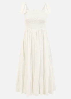 Mela White Broderie Anglaise Ruched Midi Sundress With Tie Sleeves