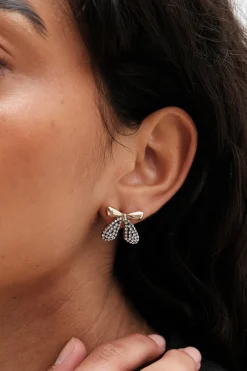 Mood Gold Black And Crystal Mini Bow Stud Earrings