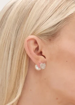 Mood Gold Cream Pearl & Crystal Heart Stud Earrings