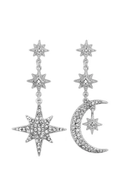 Mood Silver Crystal Moon And Star Statement Drop Earrings