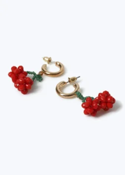 Muse Red Beaded Mini Cherry Drop Hoop Earrings