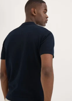 Navy Stripe Textured Zip Polo Shirt