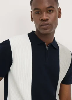 Navy Stripe Textured Zip Polo Shirt