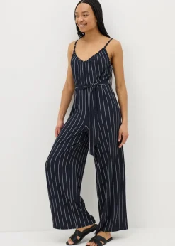 Navy Stripe Wide Leg Jersey Jumpsuit