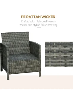 Outsunny 3 PC Outdoor Rattan Sofa Set with Chairs Coffee Table Cushion Grey