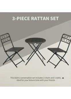 Outsunny 3 PCS Folding Rattan Wicker Bistro Set Coffee Table Set Grey